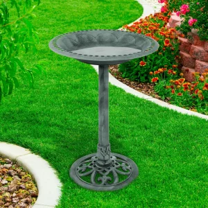 ANTIQUE STYLE BIRD BATH: 28.75” WEATHER RESISTANT PEDISTAL BOWL WITH GREEN PATINA.