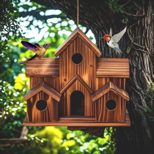 HANDMADE SIX HOLE HANGING BIRD HOUSE.  USE FOR A GARDEN DECORATION, AND A HABITAT FOR BIRDS.