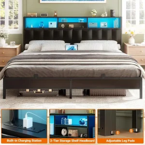 KING SIZE UPHOLSTERED HEADBOARD WITH STORAGE, OUTLETS, LED LIGHT, AND USB PORTS