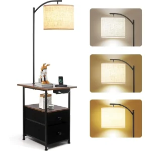 GREAT PRICE!! FLOOR LAMP WITH TABLE, CHARGING PORTS, AND DRAWERS.